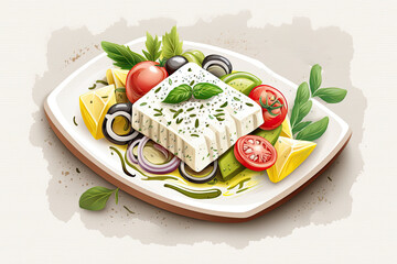 Greek salad on a square white platter. Generative AI