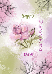 Happy wedding day or anniversary greeting card with magnolia and roses. Magnolia flowers on the background with the text happy wedding day