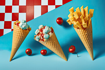 Waffle cones filled with fried potatoes, served on a blue background. Tomato basil hot fries. Ideas about fast food, junk food, and healthy eating. The best vantage point. Conceptual ingenuity meets p - obrazy, fototapety, plakaty