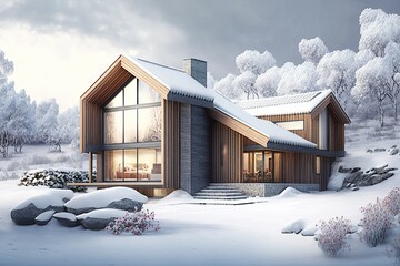 House in the woods while it is snowing. is snow-covered. Generative AI