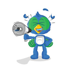 peacock holding hand loudspeakers vector. cartoon character