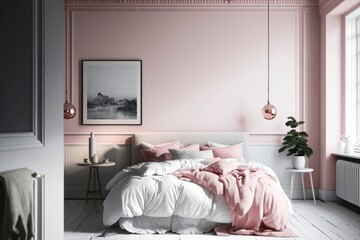 Modern bedroom interior, simple minimalist luxury bed, pink color room design, soft sun light from window, generative ai