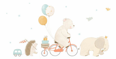 Beautiful baby stock composition with cute watercolor hand drawn animals going on birthday party. Stock clip art.