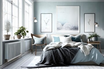 Modern bedroom interior, simple minimalist luxury bed, light blue room design, soft sun light from window, generative ai