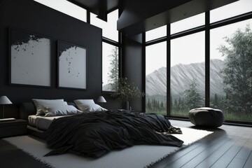 Modern bedroom interior, simple minimalist luxury bed, black dark color room, soft sun light from window, generative ai