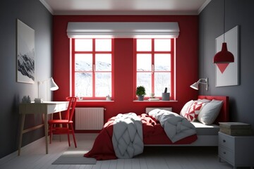 Modern bedroom interior, simple minimalist luxury bed, red room, soft sun light from window, generative ai