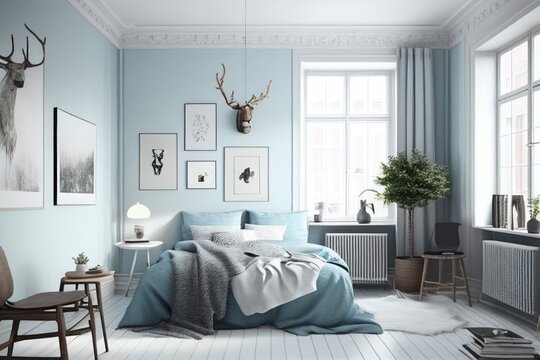 Modern bedroom interior, simple minimalist luxury bed, light blue room design, soft sun light from window, generative ai