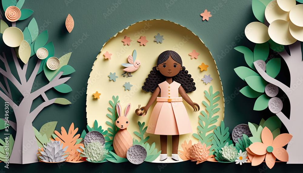 Wall mural A paper cut out art of a girl with her friend the easter bunny, birds, 3d paper art, card design, pink, blue, , Generative AI 