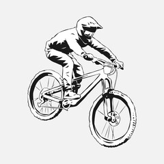 Fototapeta premium BMX bicycle rider, Downhill, cyclist. Hand drawn vector illustration, black and white, silhouette. concept of extreme sports, vehicles, activities, etc. Suitable for print, sticker, T -shirt design
