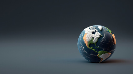 A mini real Earth is depicted on a simple, minimalist render with copy space for text. Generative AI