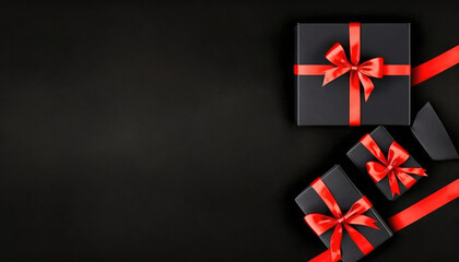On a black background, a top view of black Christmas boxes with red ribbon is showcased with copy space for text, forming a composition for Black Friday and Boxing Day. Generative AI