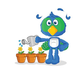 peacock watering the flowers mascot. cartoon vector