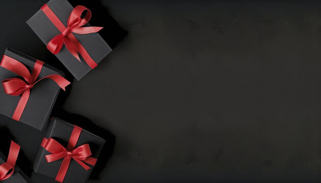 On a black background, a top view of black Christmas boxes with red ribbon is showcased with copy space for text, forming a composition for Black Friday and Boxing Day. Generative AI