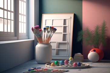 art room with paint brushes and blank canvas, with a theme of art education made with generative ai