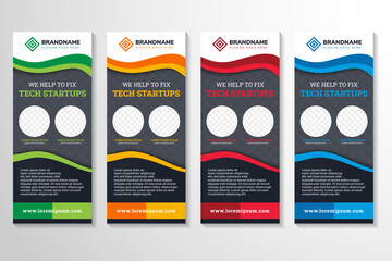Abstract brochure cover set. colorful roll up design and photo collage. Info banner frame. Editable text font. Title sheet model. Modern vector front page. brand flag. Art flyer. black background.