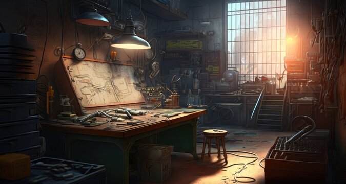 Generative AI - Workshop 064: A digital painting of a futuristic workshop