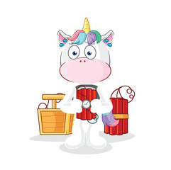 unicorn holding dynamite character. cartoon mascot vector