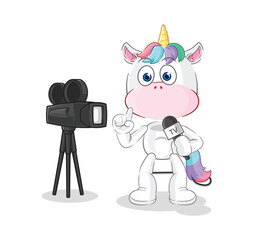 unicorn tv reporter cartoon. cartoon mascot vector