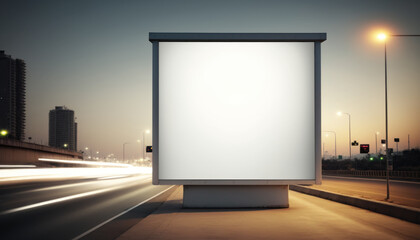 Fototapeta premium Copy space of white billboard with traffic bokeh light road abstract background. Generative ai