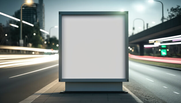 Copy Space Of White Billboard With Traffic Bokeh Light Road Abstract Background. Generative Ai