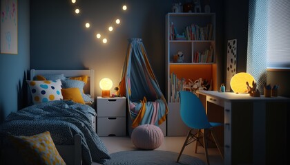 The fun and colorful kids' room is equipped with a comfortable bed, soft pillows, cozy blankets, sturdy bunk beds, spacious dressers, GENERATIVE AI