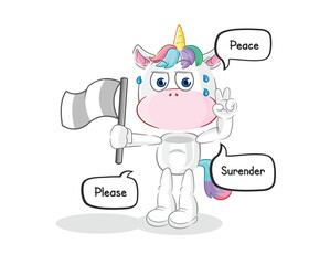 unicorn hold surrender flag mascot. cartoon vector