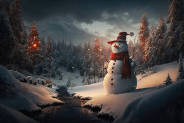 Fototapeta premium Snowman forest and mountain abstract background. Christmas concept. Generative ai