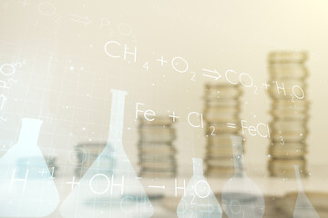Abstract virtual chemistry illustration on coins background, science and research concept. Multiexposure