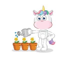 unicorn watering the flowers mascot. cartoon vector