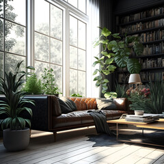 modern living room with library