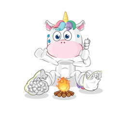 unicorn roasting marshmallows. cartoon mascot vector