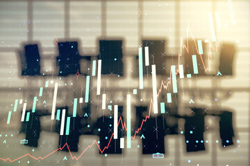 Multi exposure of virtual abstract financial diagram on a modern furnished office interior background, banking and accounting concept