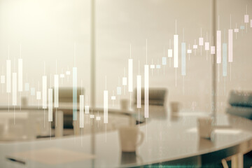 Abstract virtual financial graph hologram on a modern furnished classroom background, financial and trading concept. Multiexposure
