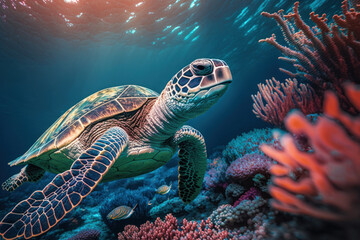 Obraz na płótnie Canvas Sea turtle swim under ocean with colorful coral abstract background. animal and nature environment concept. Generative ai