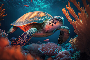 Fototapeta premium Sea turtle swim under ocean with colorful coral abstract background. animal and nature environment concept. Generative ai