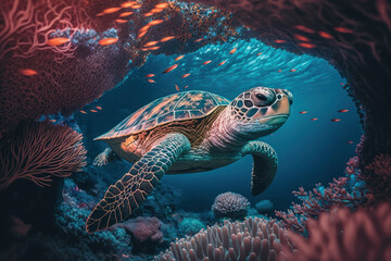 Fototapeta premium Sea turtle swim under ocean with colorful coral abstract background. animal and nature environment concept. Generative ai
