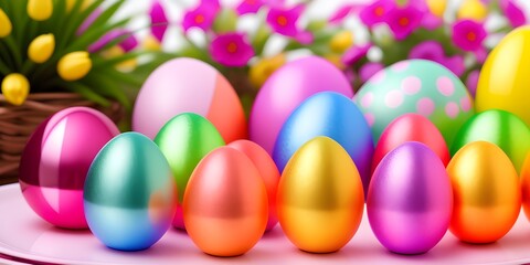 Fototapeta na wymiar Christ is risen! A row of Easter eggs on a colorful background. Multi-colored eggs in the decor Generative AI