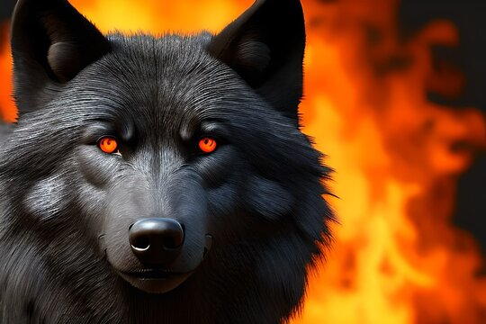 Black wolf with red eyes staring, flames behind