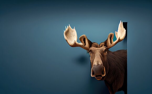 Moose Blue Background With Blank Copyspace Looking Around Generative AI
