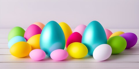 Fototapeta na wymiar Christ is risen! A row of Easter eggs on a colorful background. Multi-colored eggs in the decor Generative AI