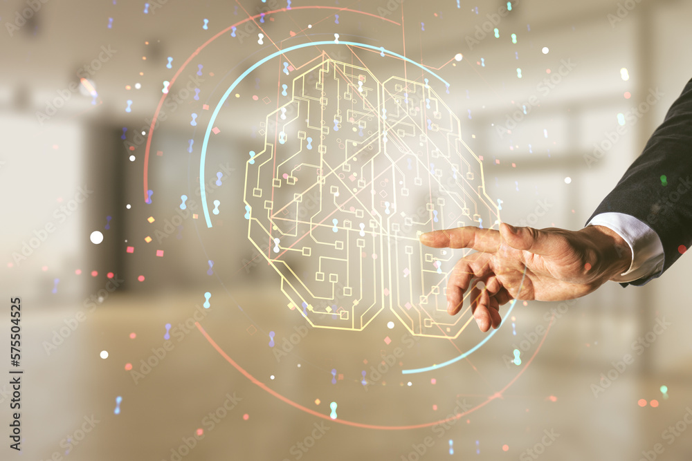 Aufkleber double exposure of man hand presses on creative artificial intelligence interface on blurred office 