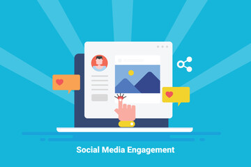 Person hand giving a like on social media post, engaging online audience with content marketing. Flat design web banner.