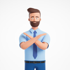 Cartoon character bearded businessman blue shirt with crossed arms shows prohibition sign isolated over white background.