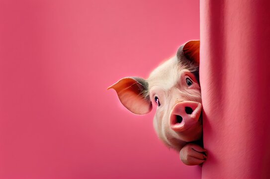 Pig Pink Background With Blank Canvas Looking Around Generative AI