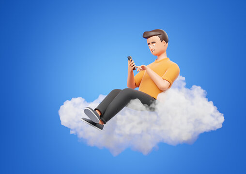 Cartoon character man use smartphone seat on cloud over blue background. Online searfing education internet technology.