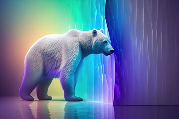 Polar Bear Shimmering Rainbow Background With Blank Canvas Looking Around Generative AI