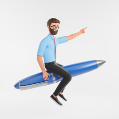 Cartoon bearded character businessman ride big blue pen isolated over white background.