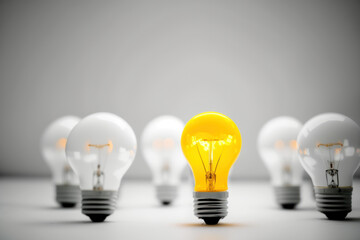 Yellow light bulbs on copy space abstract background. Idea and creativity concept. Generative ai