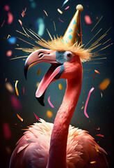 fr&ouml;hlicher Flamingo mit Partyhut und Konfetti in Partystimmung. Generative Ai.