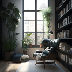 modern living room with library